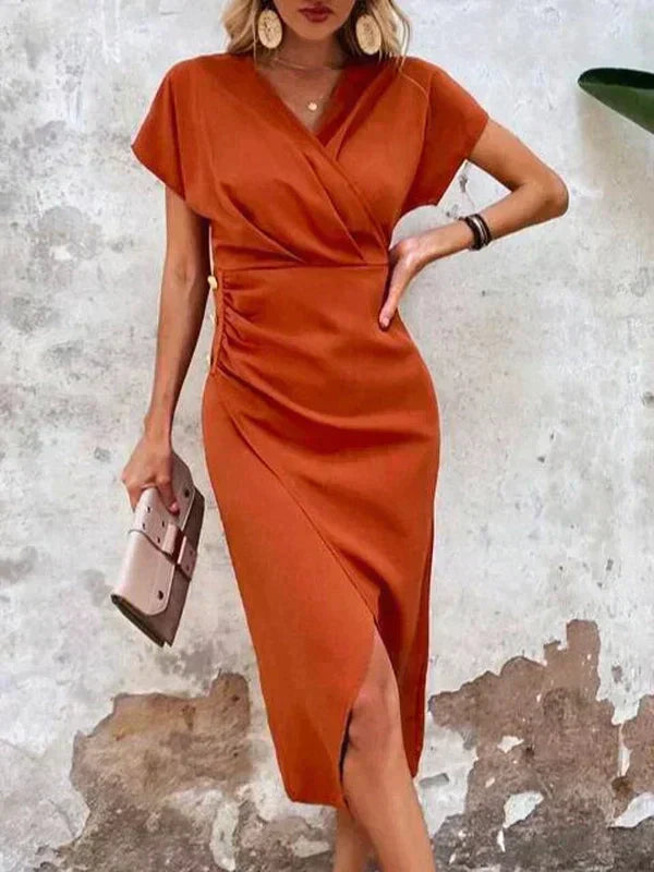 Dames Zomerjurk Satijn Midi V-Hals Elegant