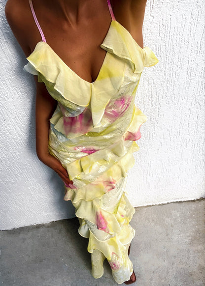 Gele Maxi Jurk Chiffon Ruches Zomerjurk Vrouwen