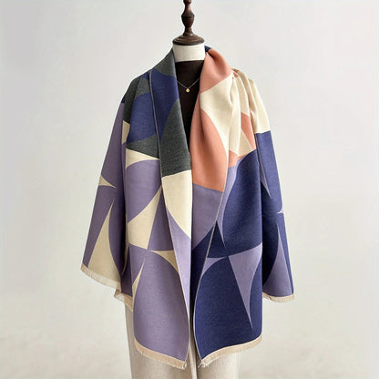 Omkeerbare Sjaal met Geometrisch Blokdesign Warm Zachte Microvezel Poncho voor Herfst en Winter