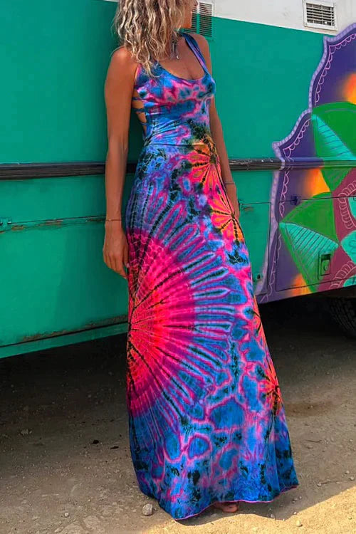 Vrouwelijke Zomerjurk Maxi met Kant en Tie-Dye Print