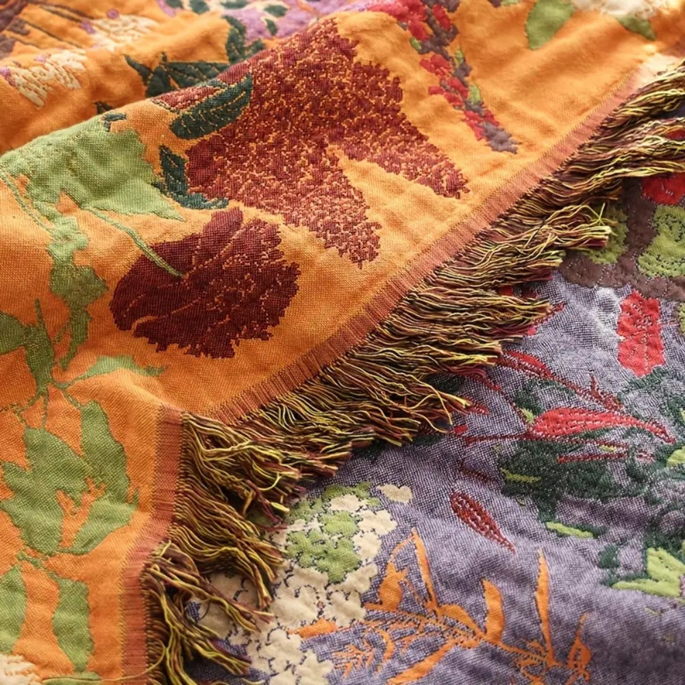 Botanische Katoenen Plaid met Kwasten – Gebloemde Jacquardweving Omkeerbaar Bedsprei Bankkleed Fauteuil Deken voor Alle Seizoenen