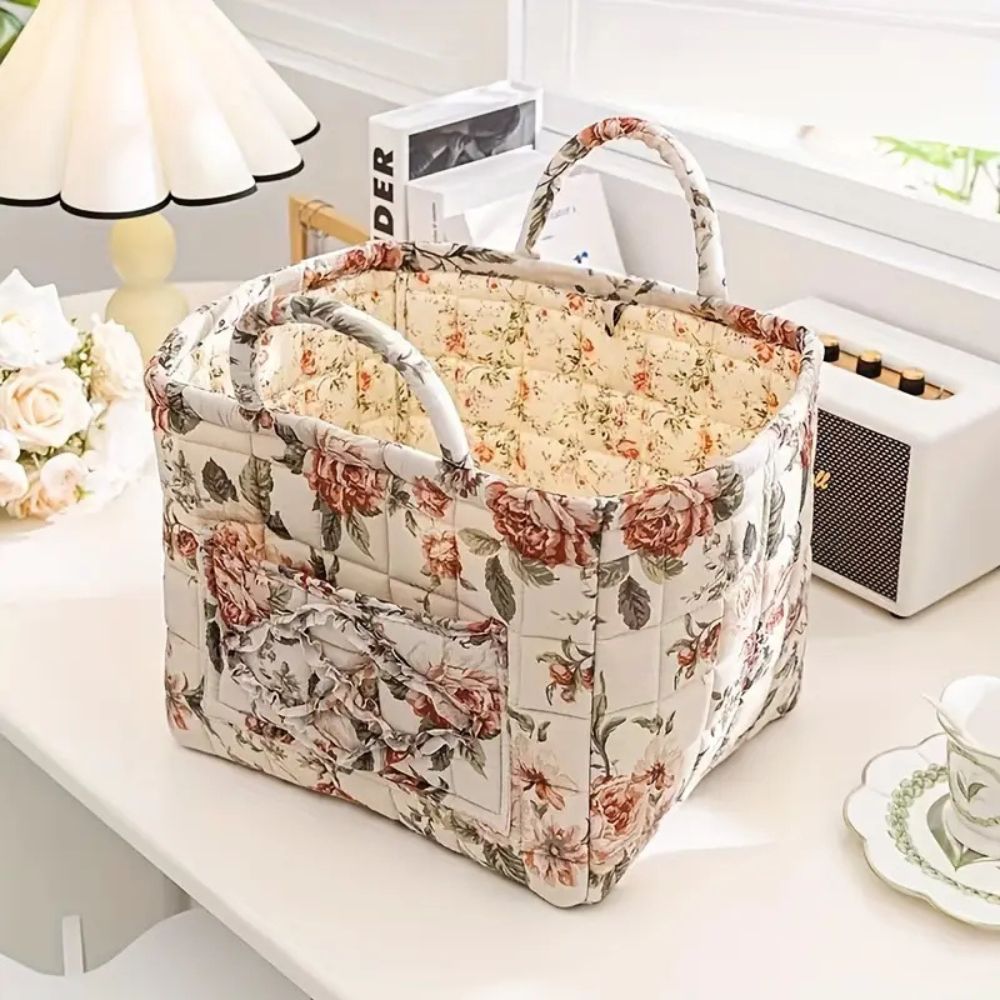 Canvas Opbergmand met Bloemenprint – Praktische Organizer voor Kleine Spullen en Schoenen