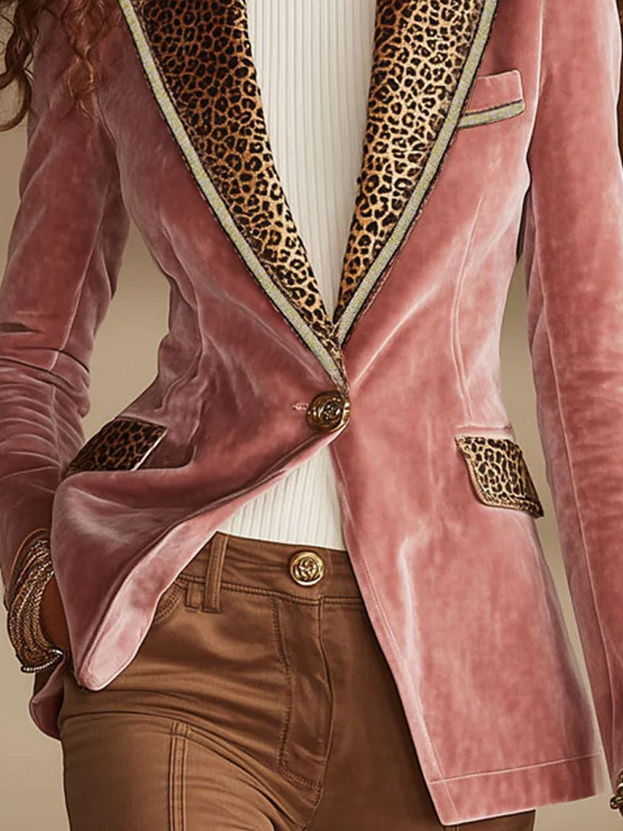 Dames Blazer Fluwelen Luipaardprint Roze Eénknoopsluiting