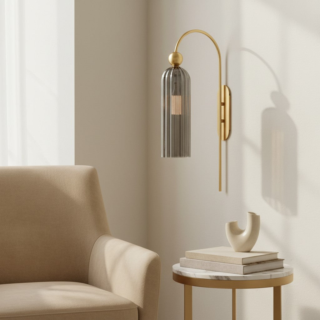 Geribbelde Glazen Wandlamp Cilindervorm met Gouden Fitting voor Gang, Slaapkamer, Woonkamer