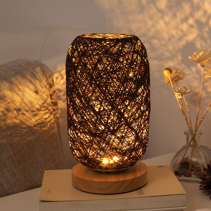 Scandinavische Tafellamp met Natuurlijke Rotan & Houtafwerking Japandi-Stijl