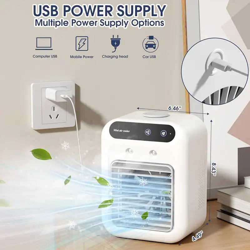Draagbare USB Luchtkoeler met Vernevelaar 500ml Tafelventilator Twee Snelheden Oplaadbaar Airco Kantoor