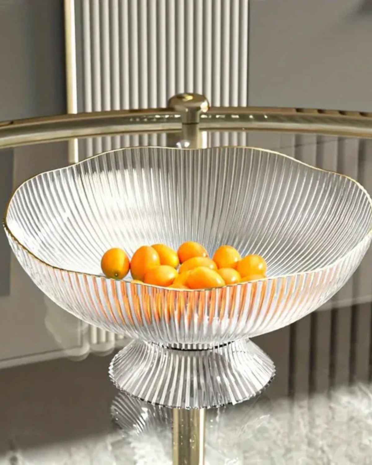 Fruitschaal op Voet met Goudrand Geribbeld Keramiek Transparant Groen Grijs voor Tafelcenterpiece Interieur