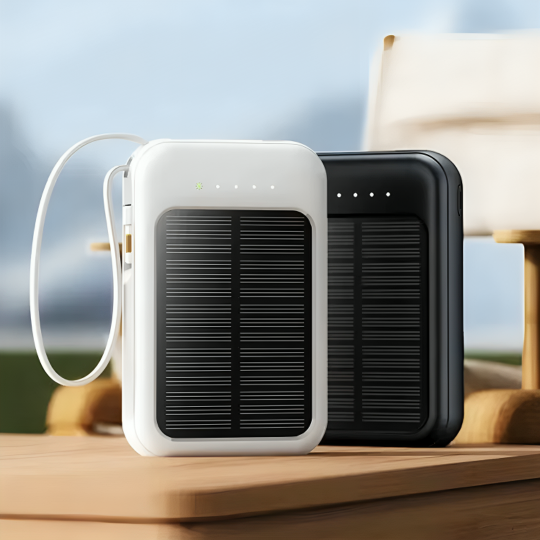 Oplaadbare Powerbank 20000mAh met Zonnepaneel, LED-Zaklamp en Ingebouwde Kabels – Draagbare Noodaccu met Dubbele USB- en Type-C-Aansluiting voor Smartphone en Tablet