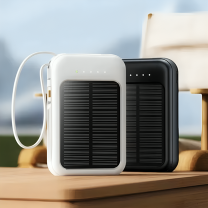 Oplaadbare Powerbank 20000mAh met Zonnepaneel, LED-Zaklamp en Ingebouwde Kabels – Draagbare Noodaccu met Dubbele USB- en Type-C-Aansluiting voor Smartphone en Tablet