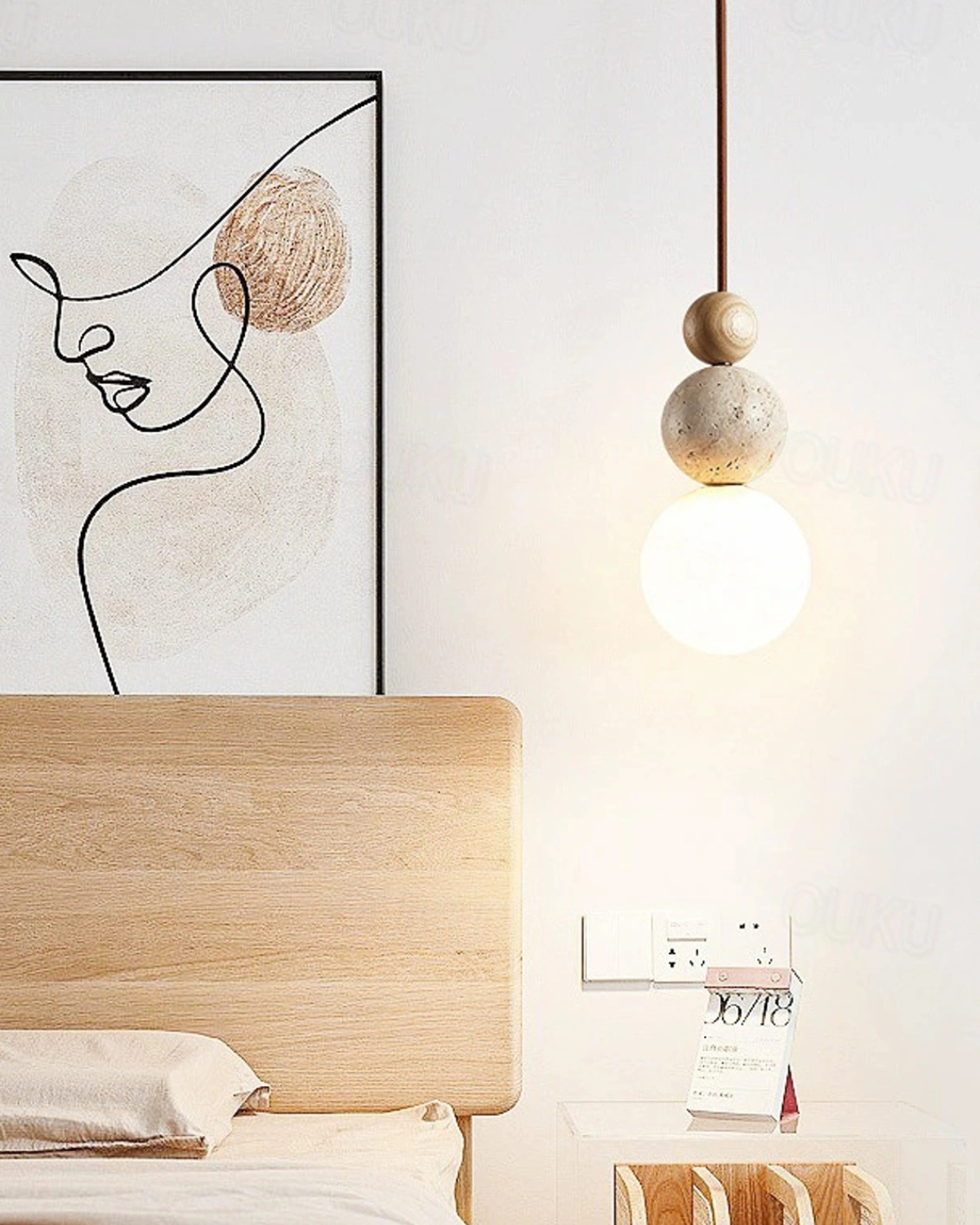 Sculptuur Hanglamp met Natuursteen en Glazen Bol – Warm Ambient Licht voor Eetkamer Woonkamer Slaapkamer – Japandi Design Hangverlichting