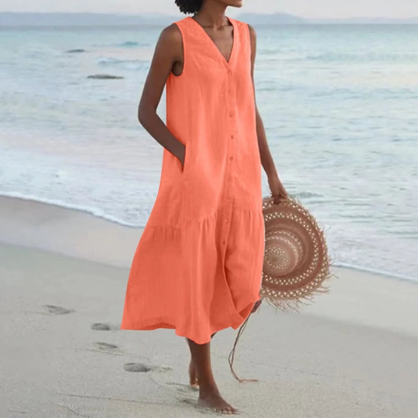 Linnen Jurk V-Hals Zomerjurk Luchtig en Stylish