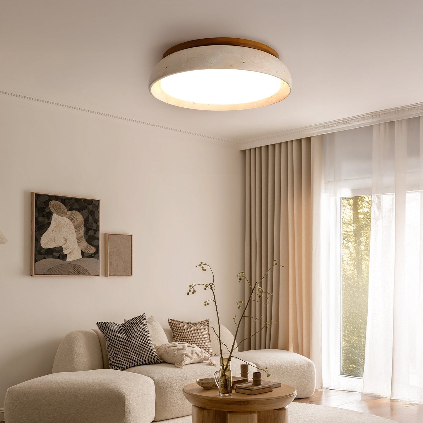 Scandinavische Plafondlamp Travertijn met Houtaccent — Moderne Ronde Opbouwspot Natuursteen en Acryl Inbouw LED Verlichting Warm Wit 3000K Slaapkamer Gang Entree Woonkamer — Ø 30 cm × H 7 cm