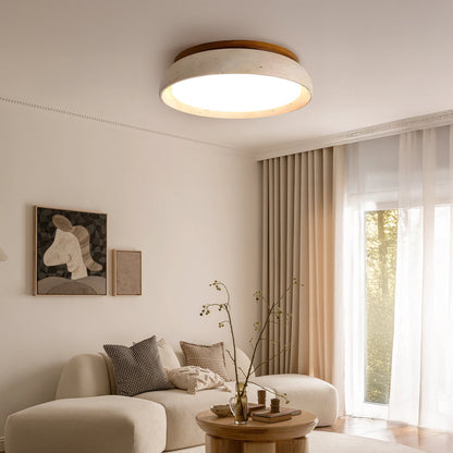 Scandinavische Plafondlamp Travertijn met Houtaccent — Moderne Ronde Opbouwspot Natuursteen en Acryl Inbouw LED Verlichting Warm Wit 3000K Slaapkamer Gang Entree Woonkamer — Ø 30 cm × H 7 cm