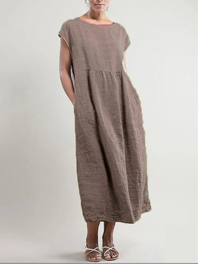 Zwarte Linnen Jurk Elegante O-Hals Vrouwelijk Design