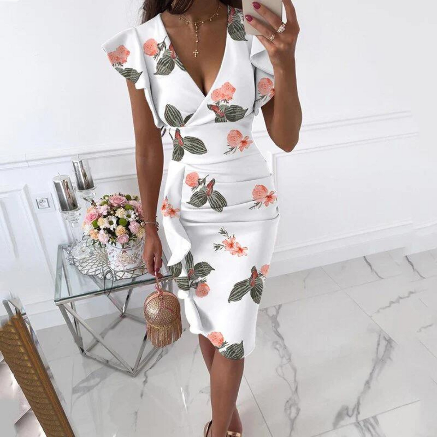 Jurk met Plooi Mouwen en V Hals Elegant Design