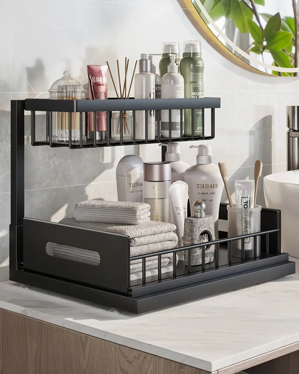 Uitschuifbare Kast Organizer Onder Wastafel Zwart Wit Twee Niveaus Keuken Badkamer Opbergsysteem Schoonmaakspullen Toiletartikelen