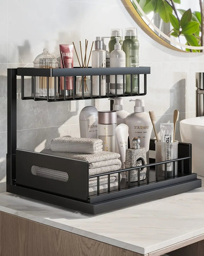 Uitschuifbare Kast Organizer Onder Wastafel Zwart Wit Twee Niveaus Keuken Badkamer Opbergsysteem Schoonmaakspullen Toiletartikelen