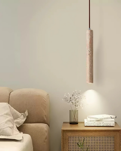 Natuurlijke travertin hanglamp met cilindervormig design voor eetkamer en hal – Japandi natuursteen verlichting
