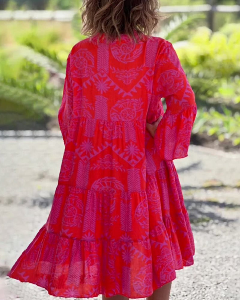 Boho Jurk Driekwart Mouwen Geometrische Print Zomerjurk