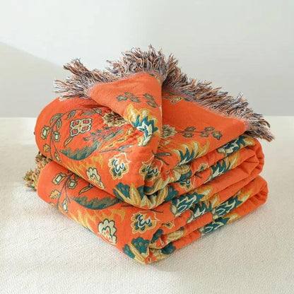 Omkeerbare Katoenen Plaid Marigold – Zachte Deken met Bloemenpatroon Oranje Turquoise – Vintage Landelijke Stijl voor Bank Picknick Bed