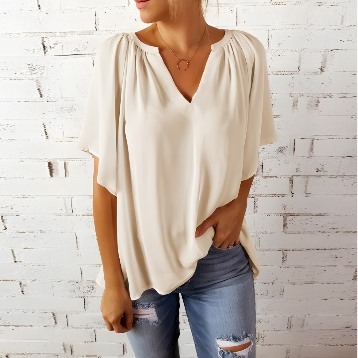 Vrouwelijke Chiffon Bloes V-Hals Korte Mouw Elegante