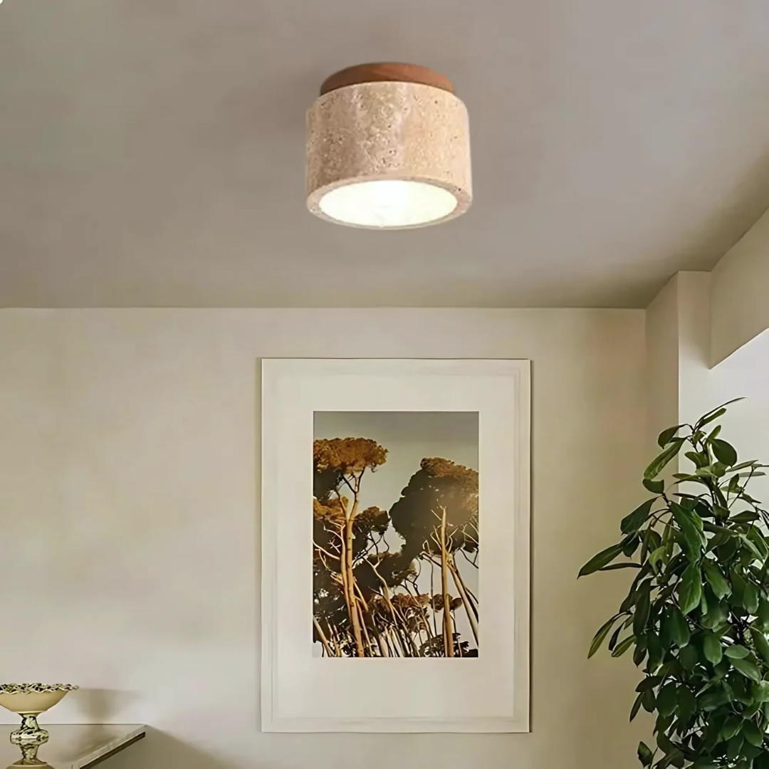 Plafondlamp Travertin Cilinder Met Houten Accent E27 12cm