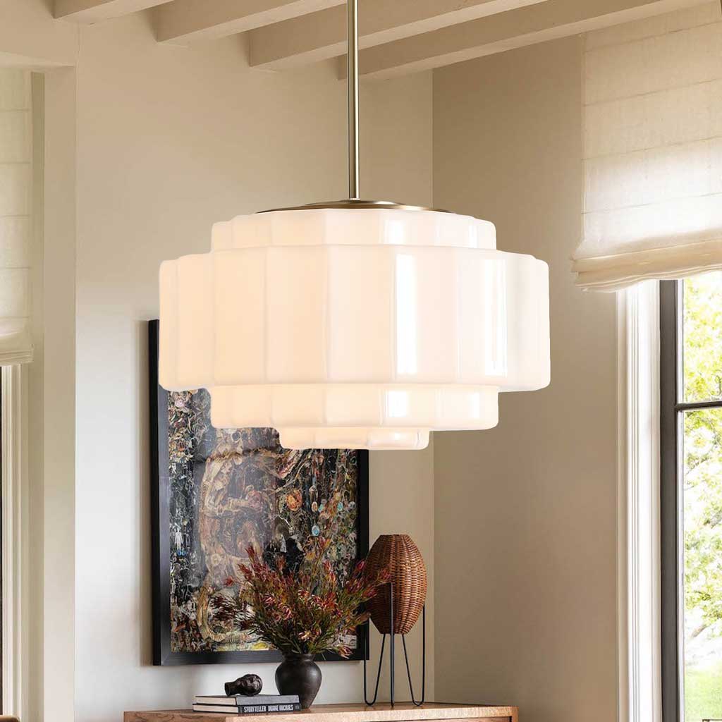 Gelaagde Opaalglas Hanglamp met Antiek Messing Antieke Nostalgische Vintage Verlichting Eetkamer Keukeneiland Entree