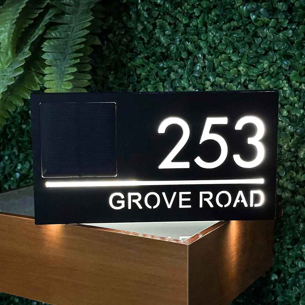 Solar LED Huisnummerbord 3D Acryl Verlicht Warmwit Modern voor Tuin & Entree