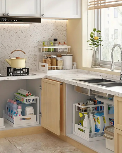 Uitschuifbare Kast Organizer Onder Wastafel Zwart Wit Twee Niveaus Keuken Badkamer Opbergsysteem Schoonmaakspullen Toiletartikelen