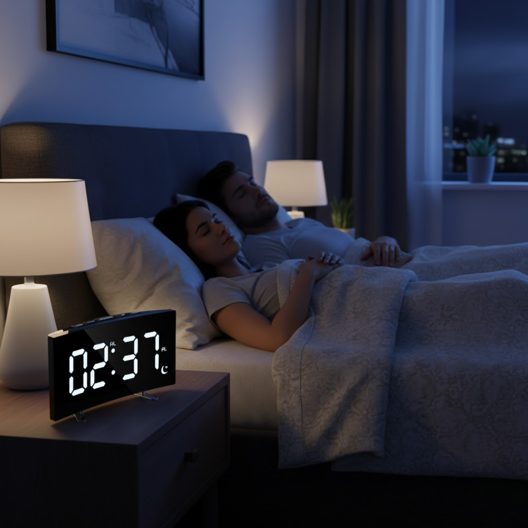 Digitale LED Wekker met Gebogen Display – Automatische Lichtregeling & Groot Scherm