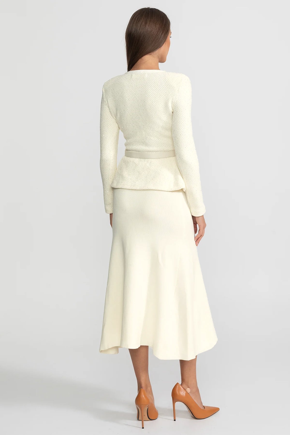 Gebreide Midi Jurk met Peplum Detail Ivoorkleur
