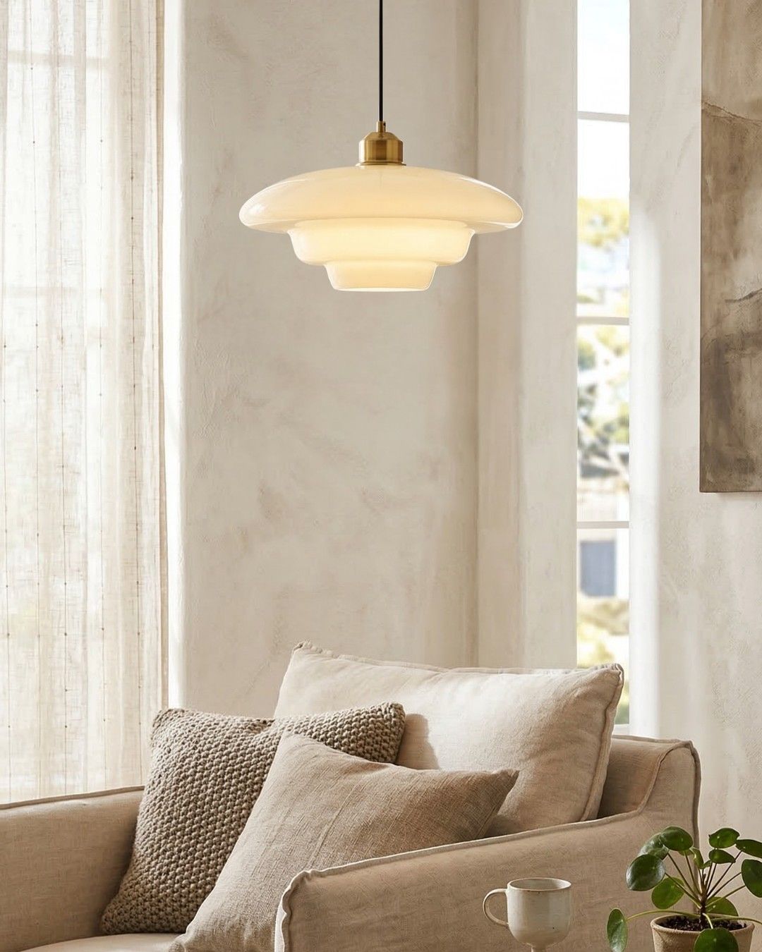 TINA Hanglamp – Mid-Century Melkwit Glas met Geborsteld Messing | Moderne Eetkamer & Keukenverlichting | Verstelbaar | E27 Fitting