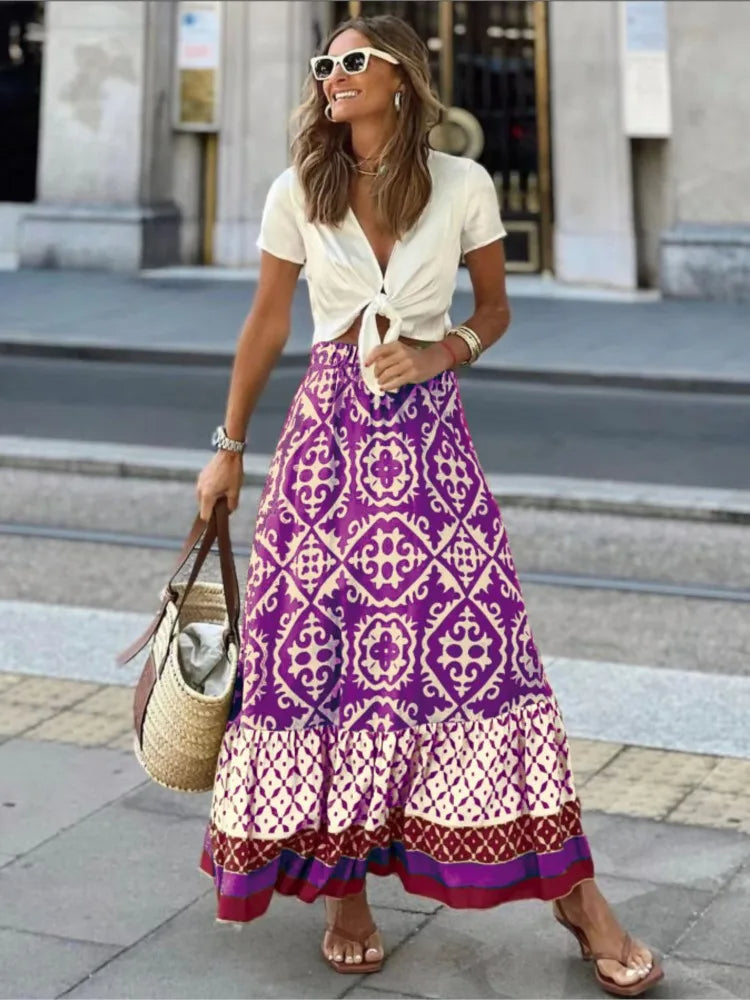 Rok Bloemenprint Midi Rok met Ruches Retro Stijl