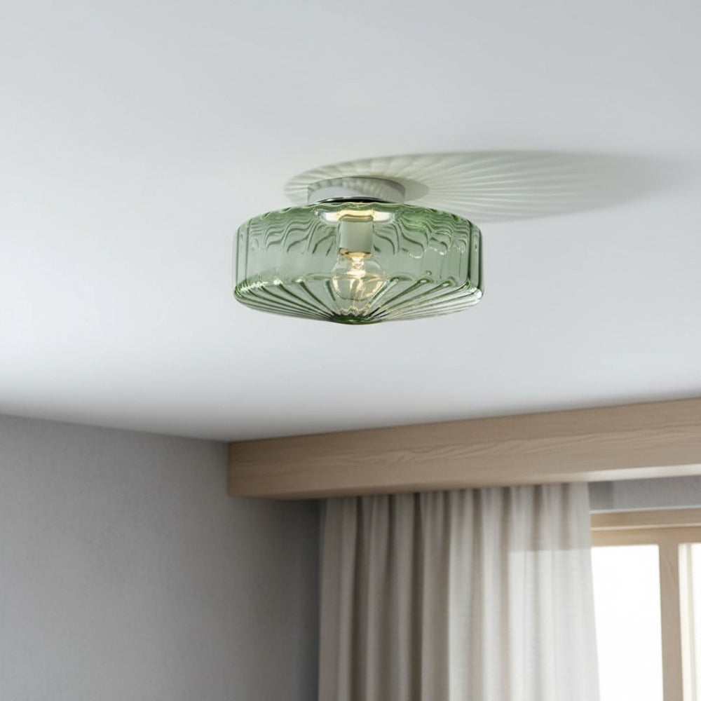 Vintage Geribbeld Glazen Plafondlamp Groen – Klassieke Verlichting voor Eetkamer, Entree & Gang