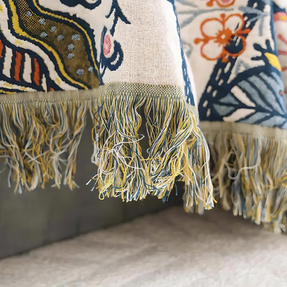 Jacquard Katoenen Plaid met Bloemenprint en Kwastjes – Zacht Reversibel Banklaken – Scandinavisch Geïnspireerde Woondeken