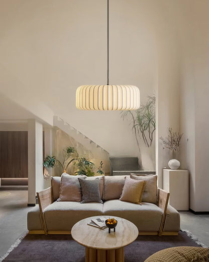 Moderne hanglamp met stoffen lampenkap – minimalistische design plafondlamp in stretchstof voor eetkamer en woonkamer