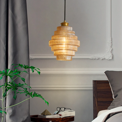 Hanglamp Glas Geribbeld Messing Gelaagd Woonkamer Eettafel Sfeerverlichting Vintage Design