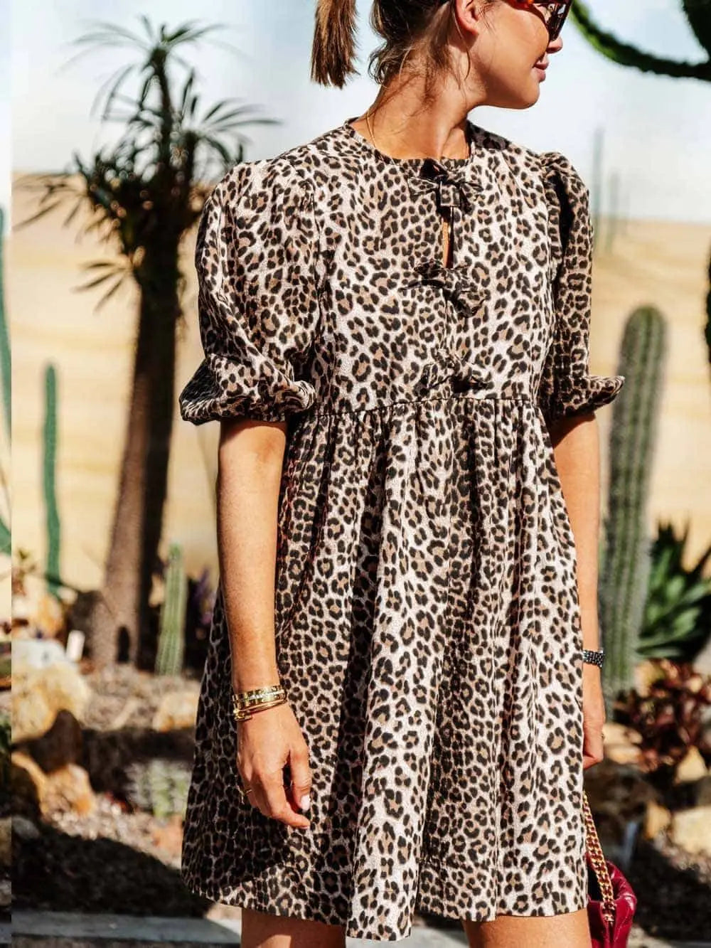 Dames Jurk Luipaardprint Kort Model met Puffmouwen