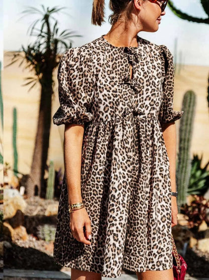Dames Jurk Luipaardprint Kort Model met Puffmouwen
