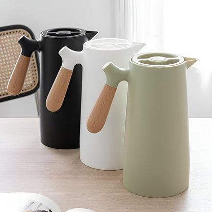 Thermoskan 1L RVS Houten Handvat Beige Keuken Koffie Thee Geïsoleerde Karaf Dubbelwandig Lekvrij Design Karaf Scandinavisch