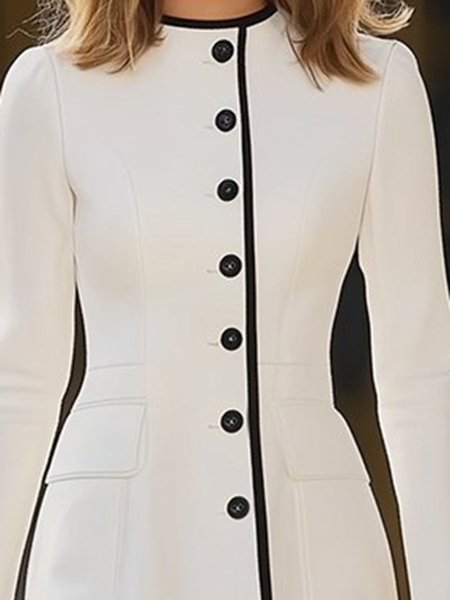 Dames Jurk Ronde Hals Contrasterende Details Luxe Stijl