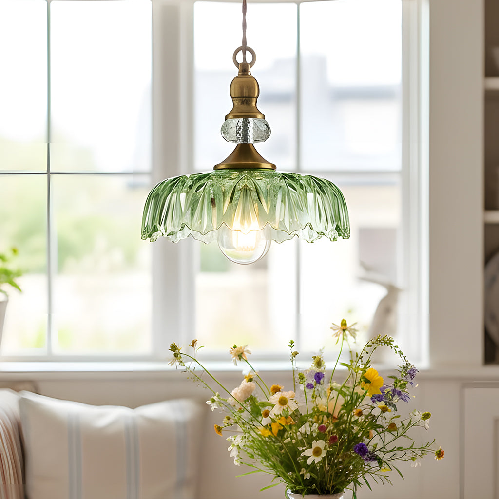 Vintage Hanglamp Glas Messing Bloemmotief Groen Zwart