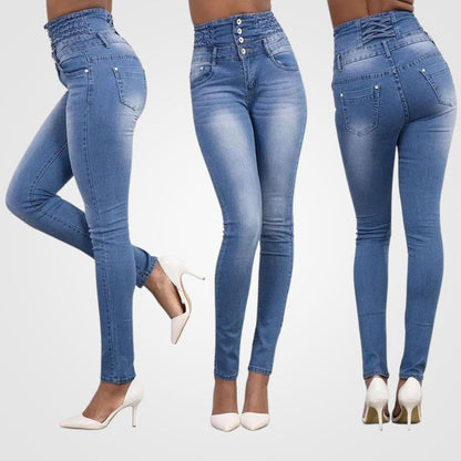 Hoge Taille Jeans Dames Slim Fit Donkerblauw Denim