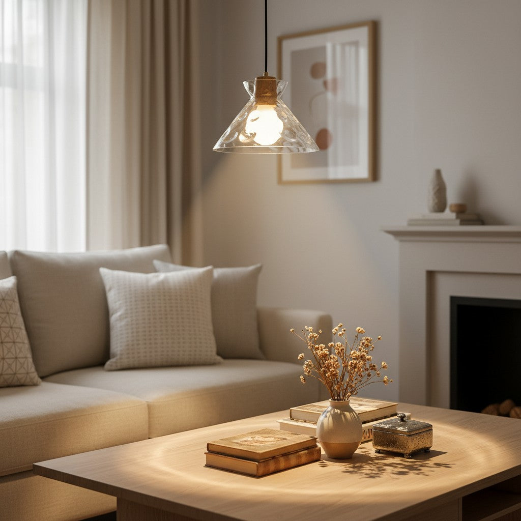 Glazen Hanglamp met Geslepen Koepel en Houten Accenten – Rustieke Eethoekverlichting