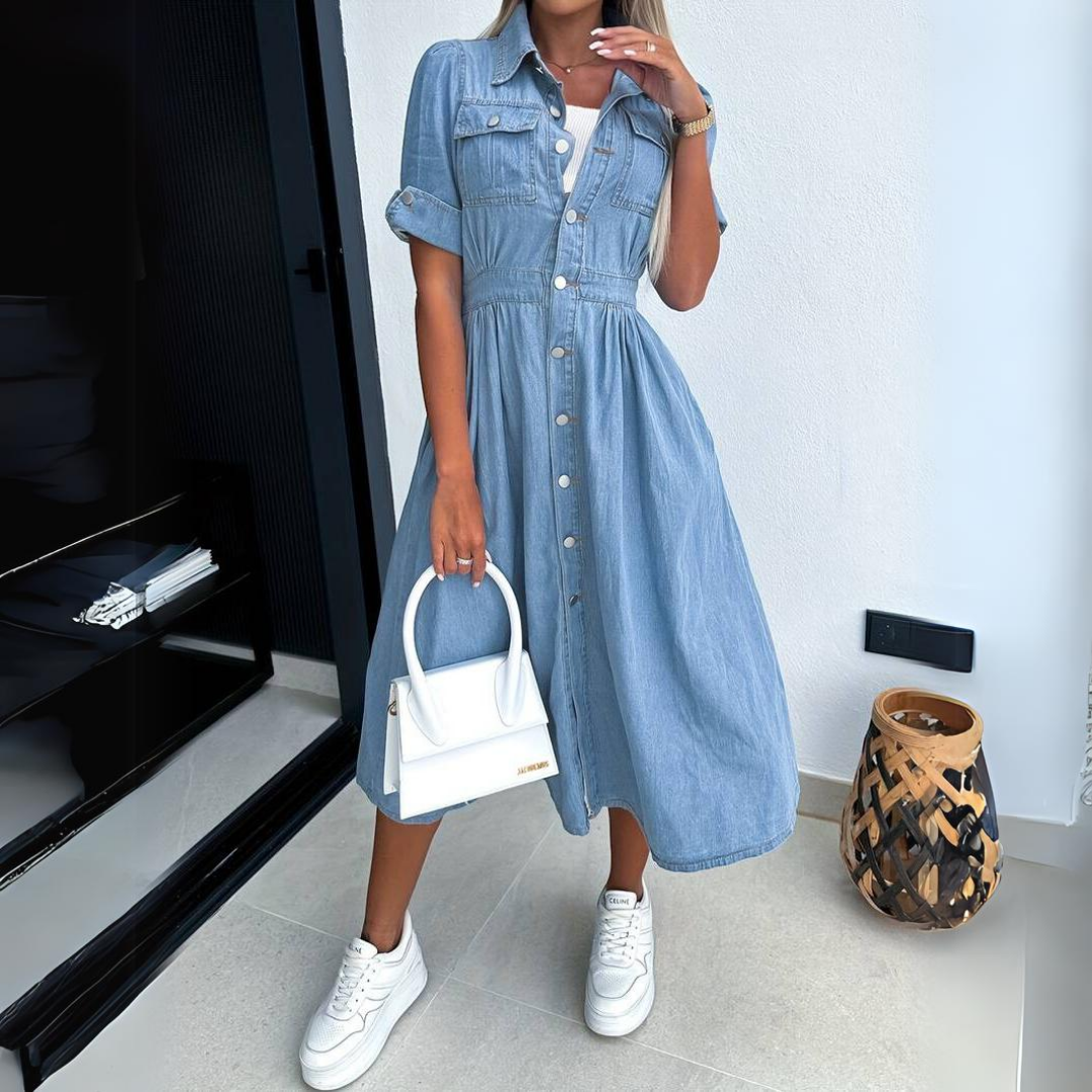 Blauwe Jurk Midi Denim met Knoopsluiting Casual Stijl