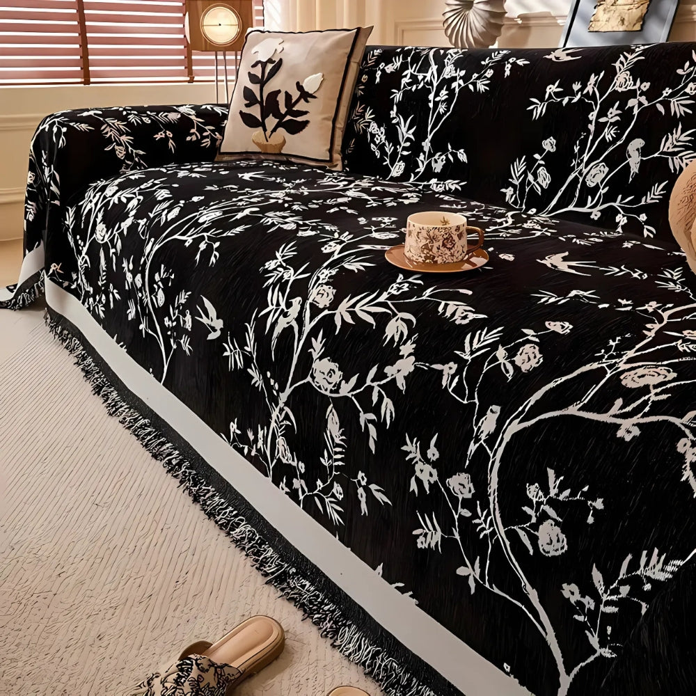 Premium Chenille Bankdeken met Bloemdessin en Kwastjes – Comfortabele Sofahoes voor Woonkamer en Lounge