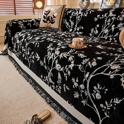 Premium Chenille Bankdeken met Bloemdessin en Kwastjes – Comfortabele Sofahoes voor Woonkamer en Lounge