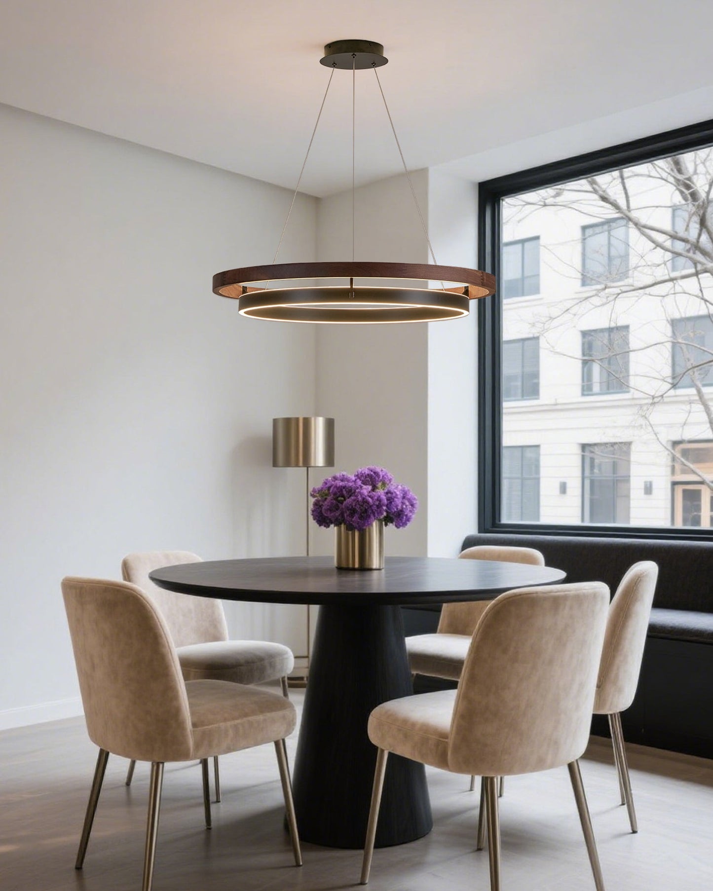 Houten Ringkroonluchter LED Ingebouwd Warm Wit Dimbaar Eetkamer Woonkamer Plafondlamp Modern Farmhouse