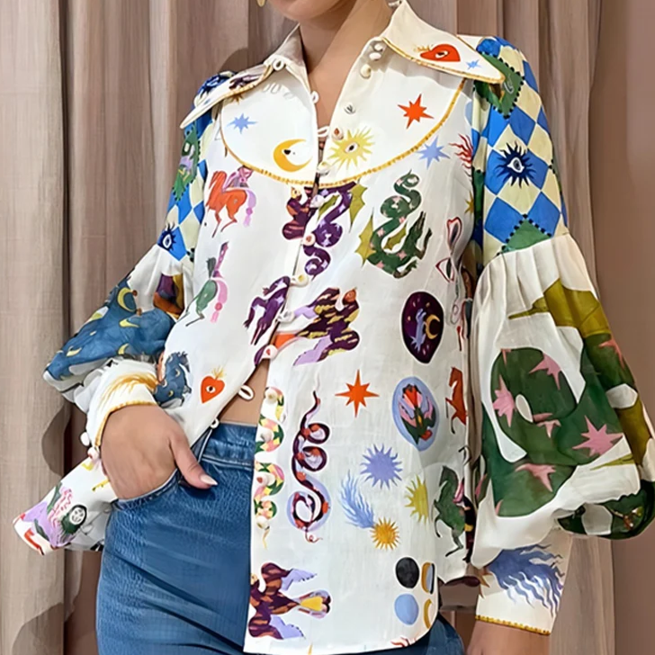 Vrouwelijke Top met Kleurrijke Print en Leuke Ontwerp