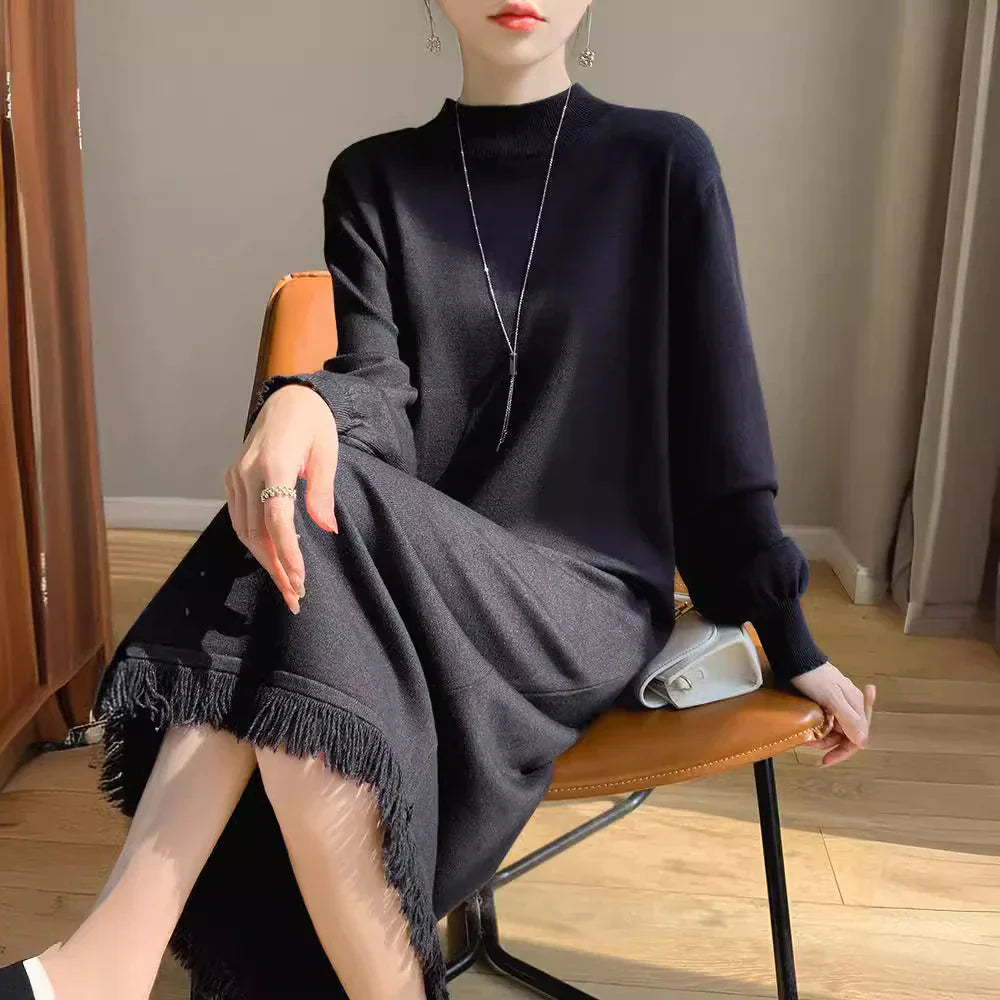 Gebreide Jurk met Franjes Vrouwelijk en Elegante Stijl